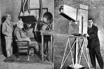 Izquierda: Baird demostrando en 1926 el sistema de noctovisión al científico inglés Oliver Lodge (1851-1940). Derecha: cámara de noctovisión (1929)